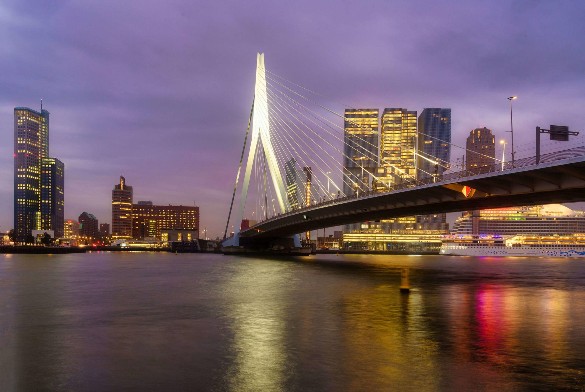 Rotterdam 's nachts bij de Erasmusbrug
