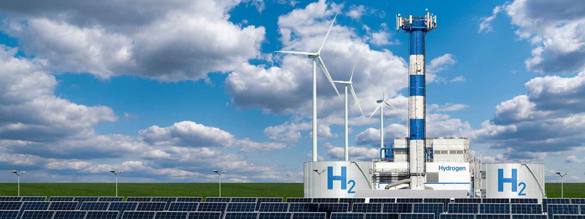 Elektrolyser met zonnepanelen en windturbines