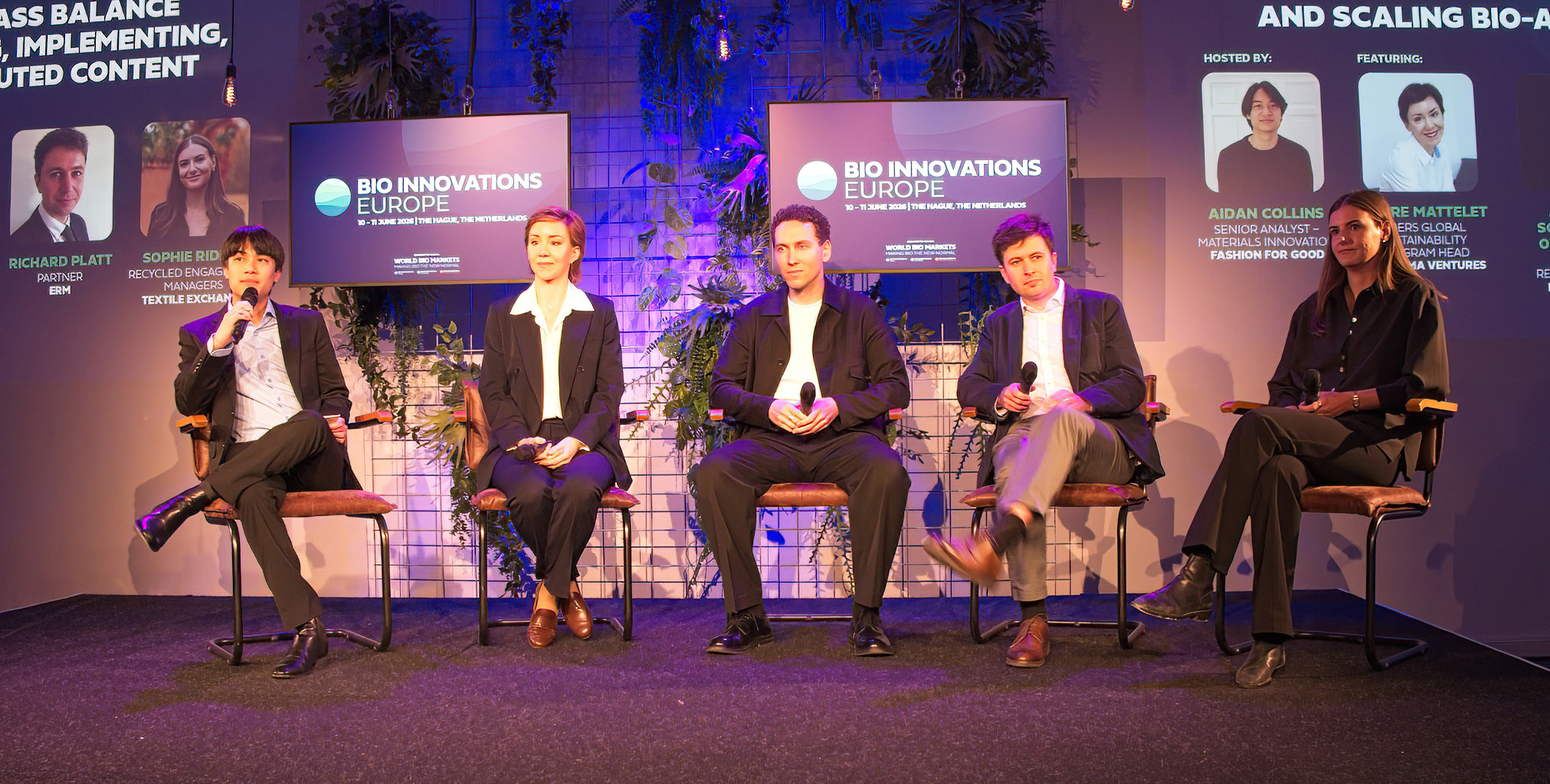 Vlnr. Aidan Collins (Fashion for Good) Claire Mattelet (Indorama Ventures) Anders Schorling Overgård (BESTSELLER) Richard Platt (ERM) Sophie Ridler (Textile Exchange)