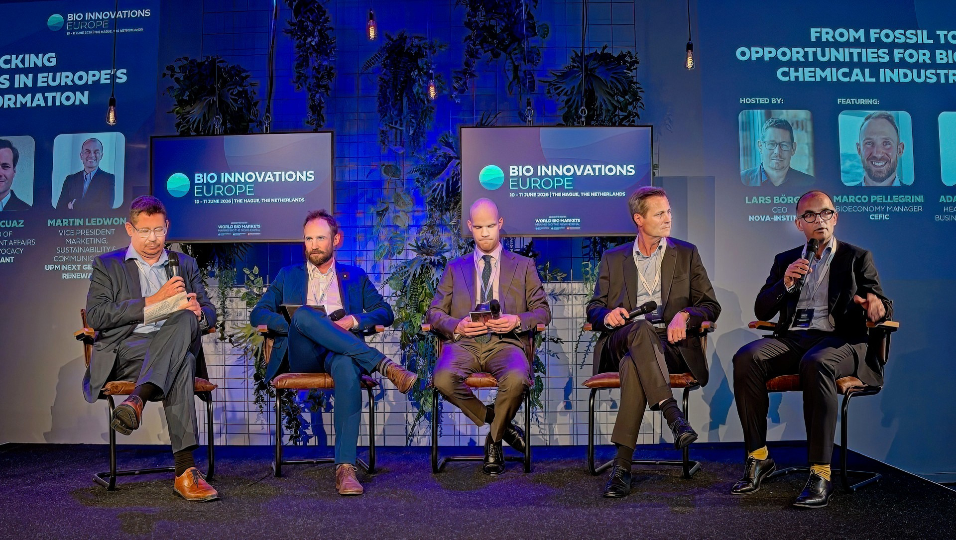 Vlnr. Lars Börger (nova-Institut) Martin Ledwon (UPM) Marco Pellegrini (CEFIC) Adam Lindholm (Sekab) Erich Cuaz (Clariant)